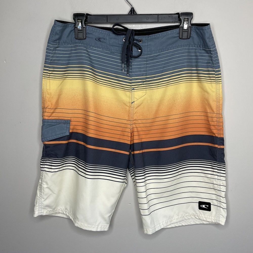 O'NEILL Mens Hybrid Orange Gray Stripe Shorts EUC Board Unlined 31 x 10
